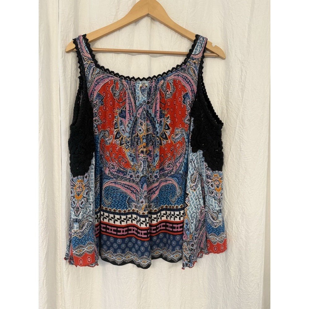 Bila Cold Shoulder Boho Top PXL– Multicolor Paisley Print, Crochet Trim Petite - Picture 12 of 12